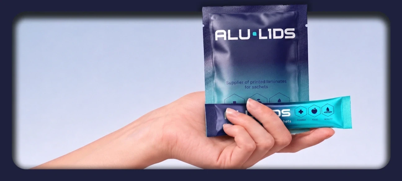 Hand holding an aluminium foil sachet