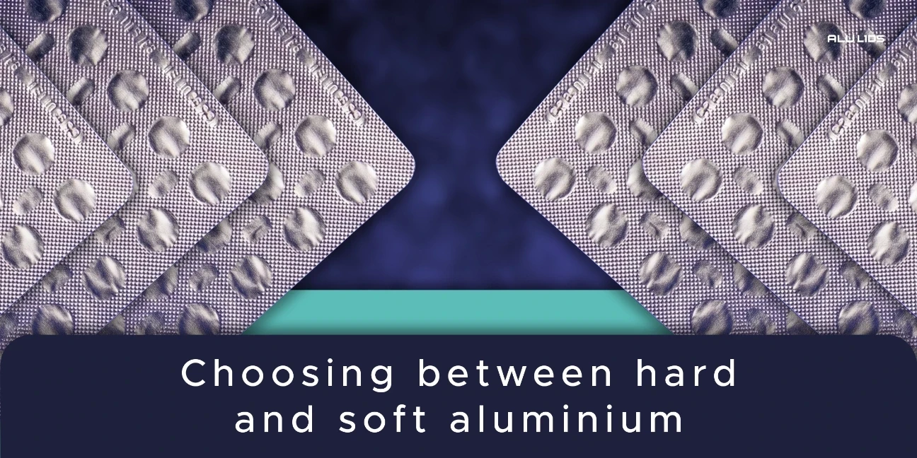 Visual comparison of hard aluminium and aluminum soft foils used as pharmaceutical blister packaging materials, featuring overlapping blister packs.
